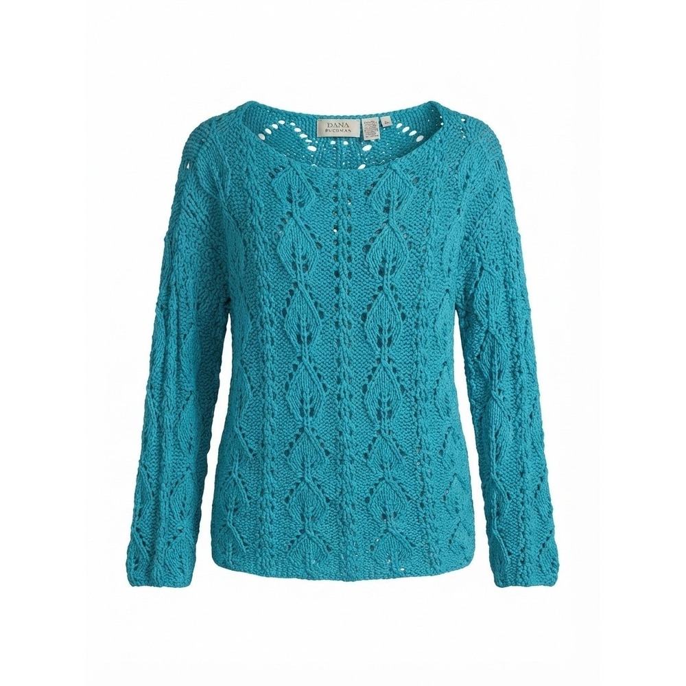 Dana Buchman Womens Turquoise Boho Pointelle Leaf Chunky Minimalist Sweater L